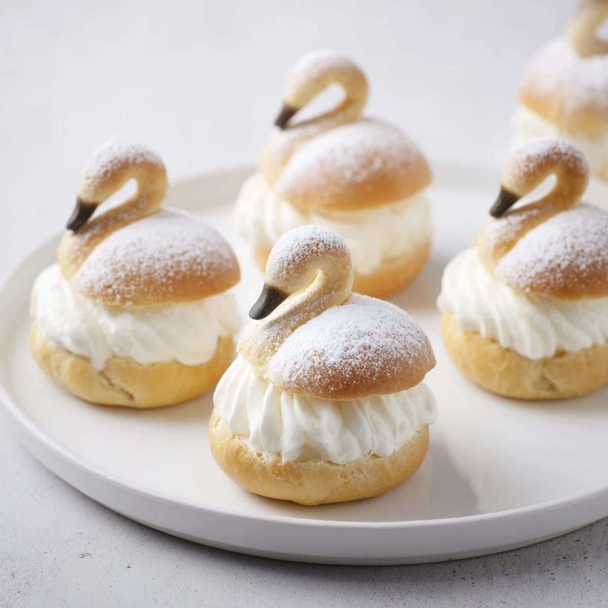 Elegant swan mini pastries arranged on a plate, dusted with powdered sugar and inviting you to indulge.