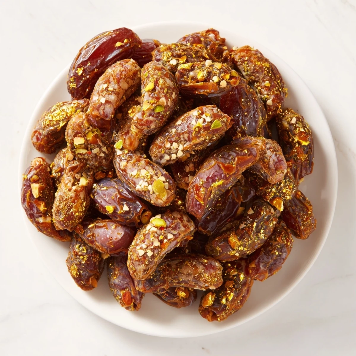 Delightful Lunar and Star Date Platter, arranged beautifully with shimmering gold leaf and sesame sprinkled.