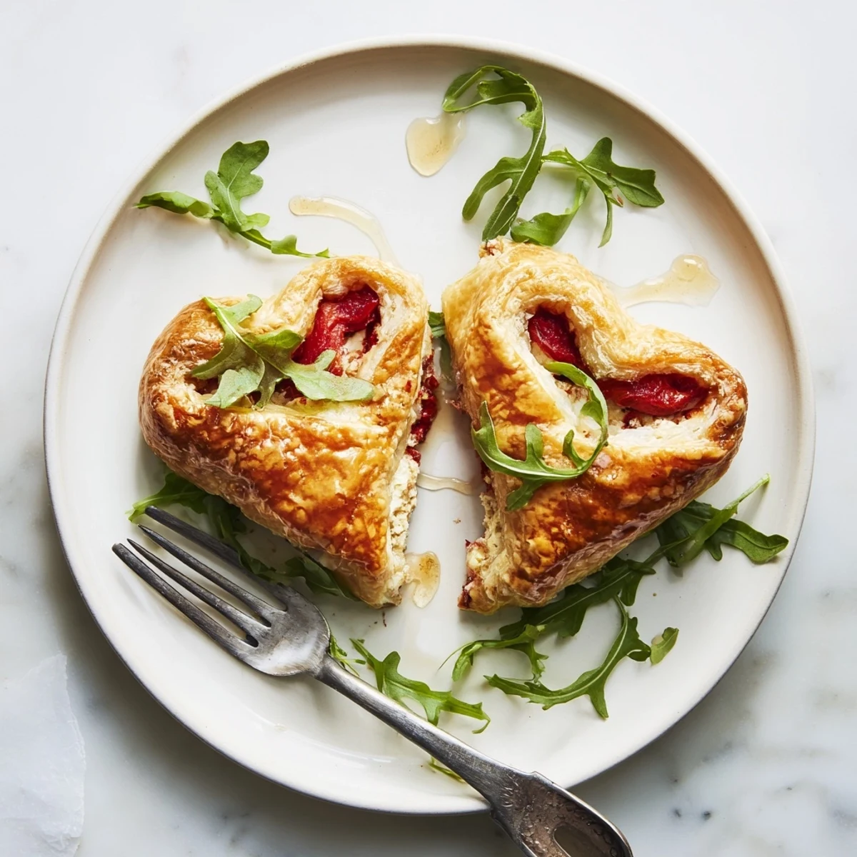 Elegant Valentines Day Cœurs Entrelacés, garnished with microgreens and drizzled honey before serving.