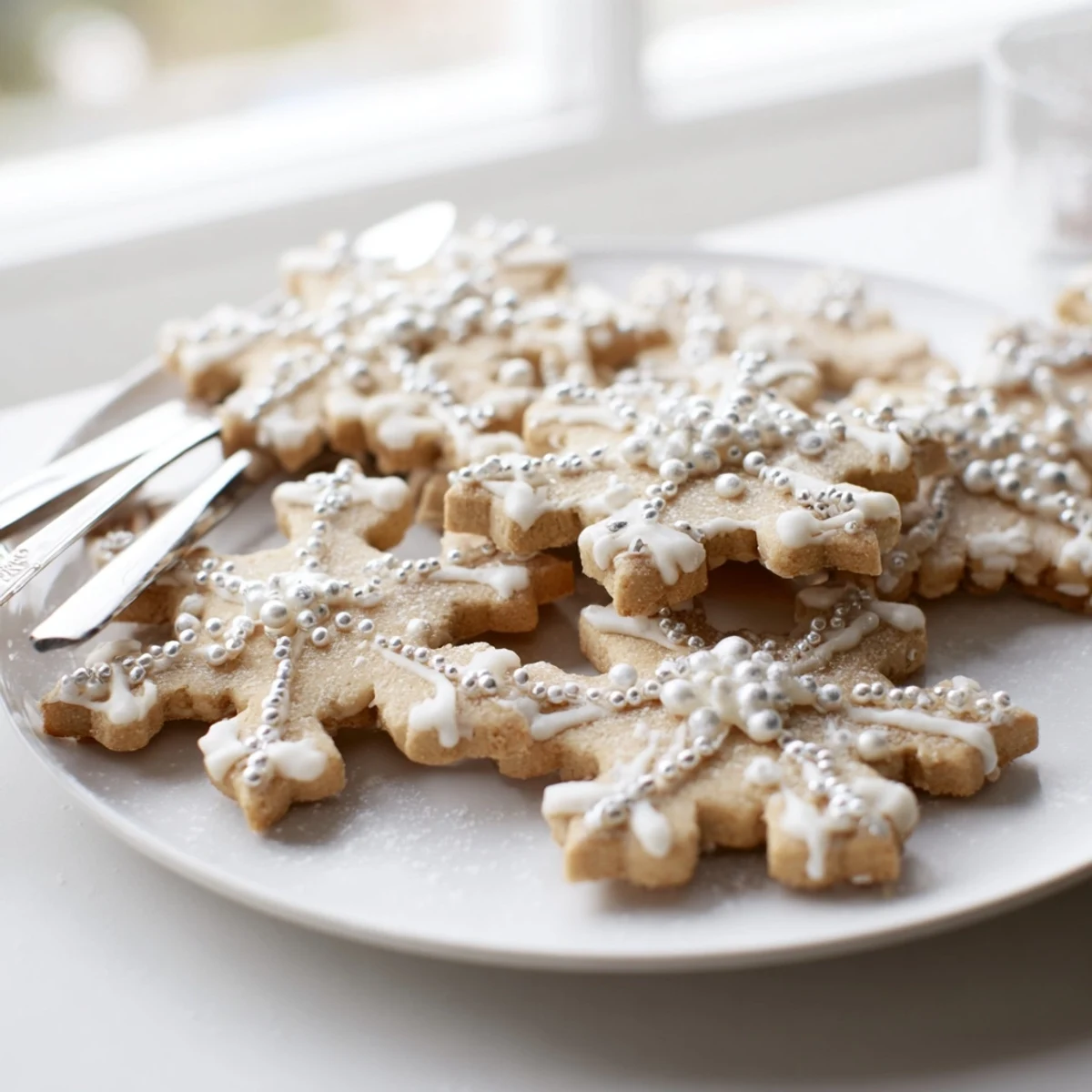 A visually stunning Winter Snowflake Platter featuring delicate snowflake cookies, ready to be enjoyed.