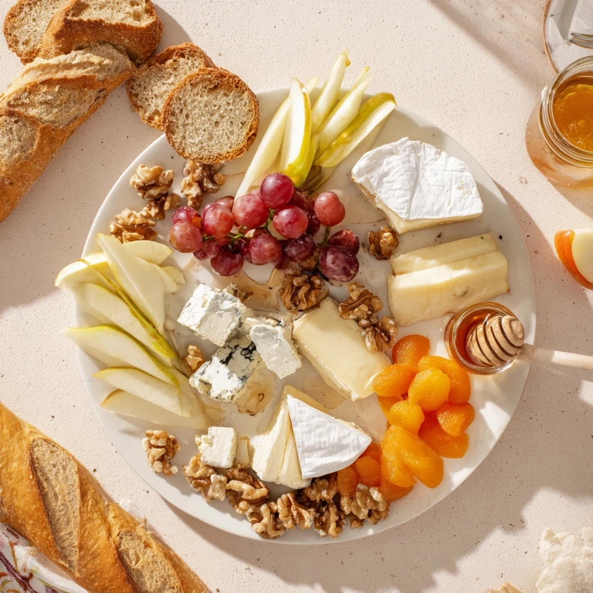 Honeycomb, Honey & Cheese Board arranged with cheeses, honey, fruit, and nuts, ready for serving.