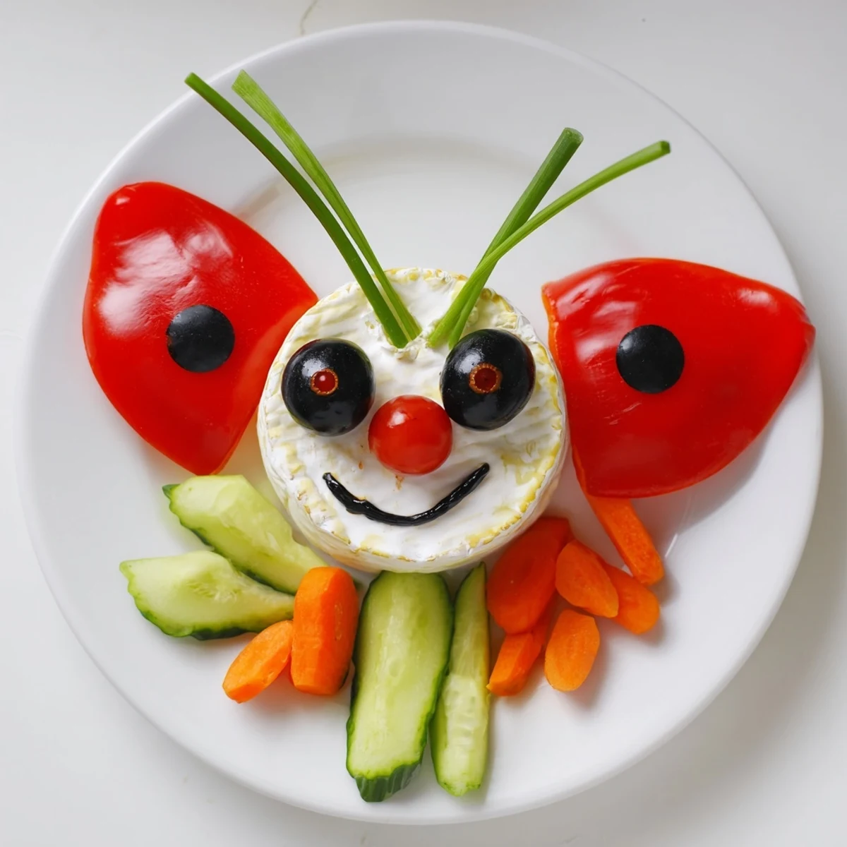Detailed ladybug-themed Coccinelle Amusante Planche Pique-Nique platter with fresh veggies, dips, and baguette slices.
