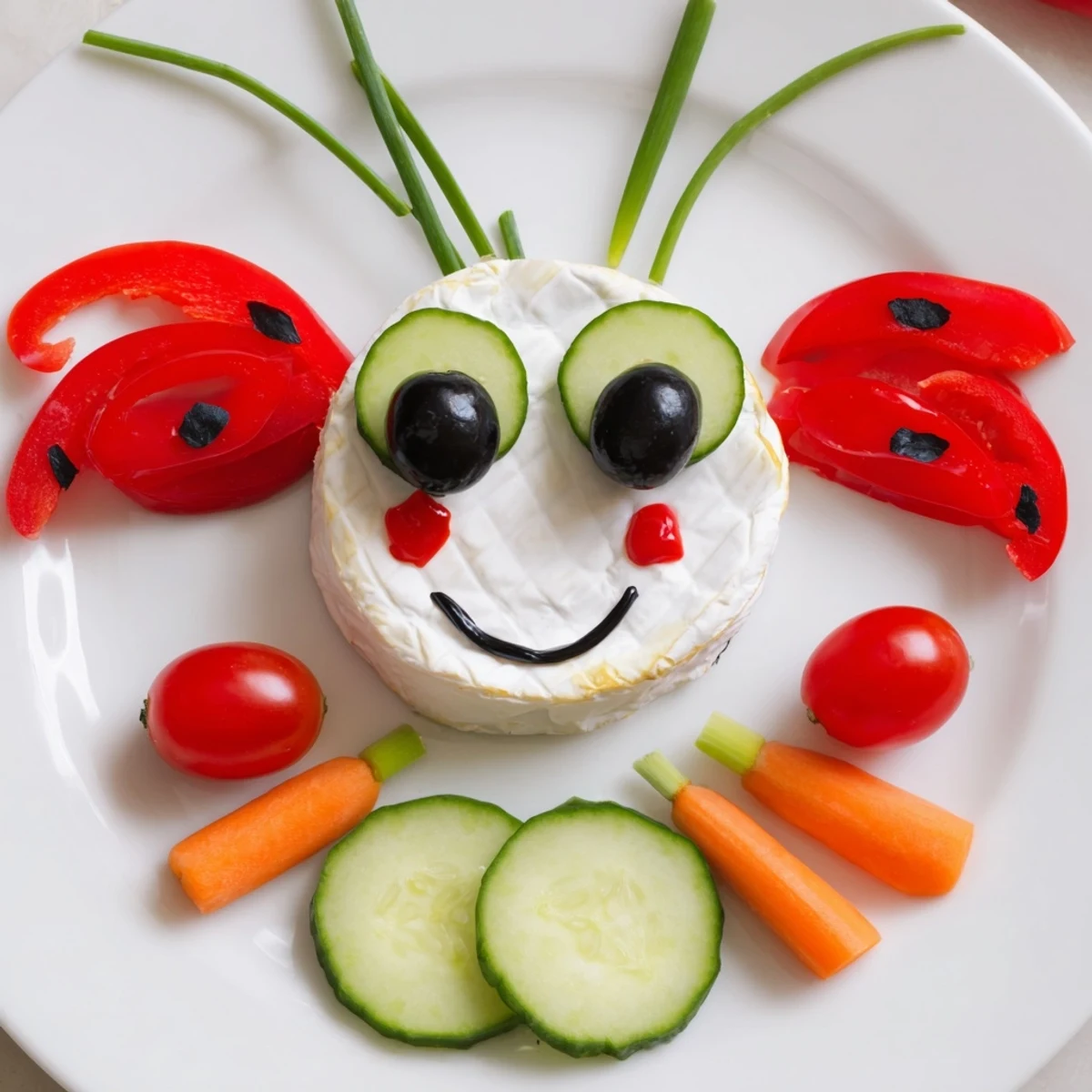 Vibrant Coccinelle Amusante Planche Pique-Nique, a playful French appetizer with red bell pepper ladybug wings.