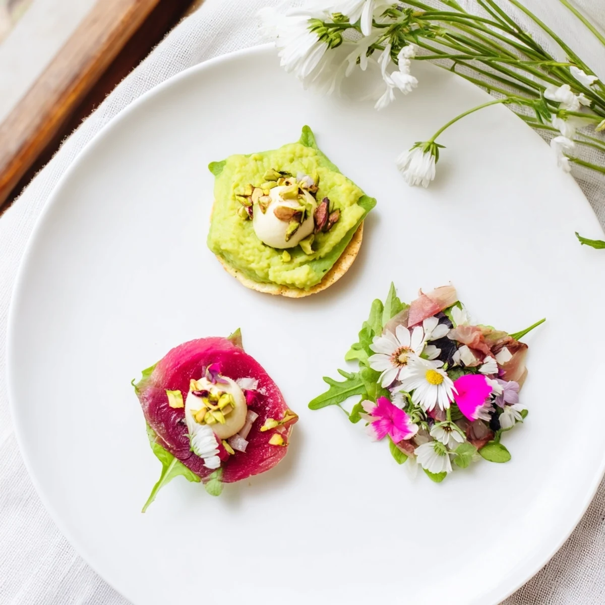 Lucky Clover Seasonal Starters plated beautifully, featuring pea purée, beet carpaccio, and goat cheese mousse.