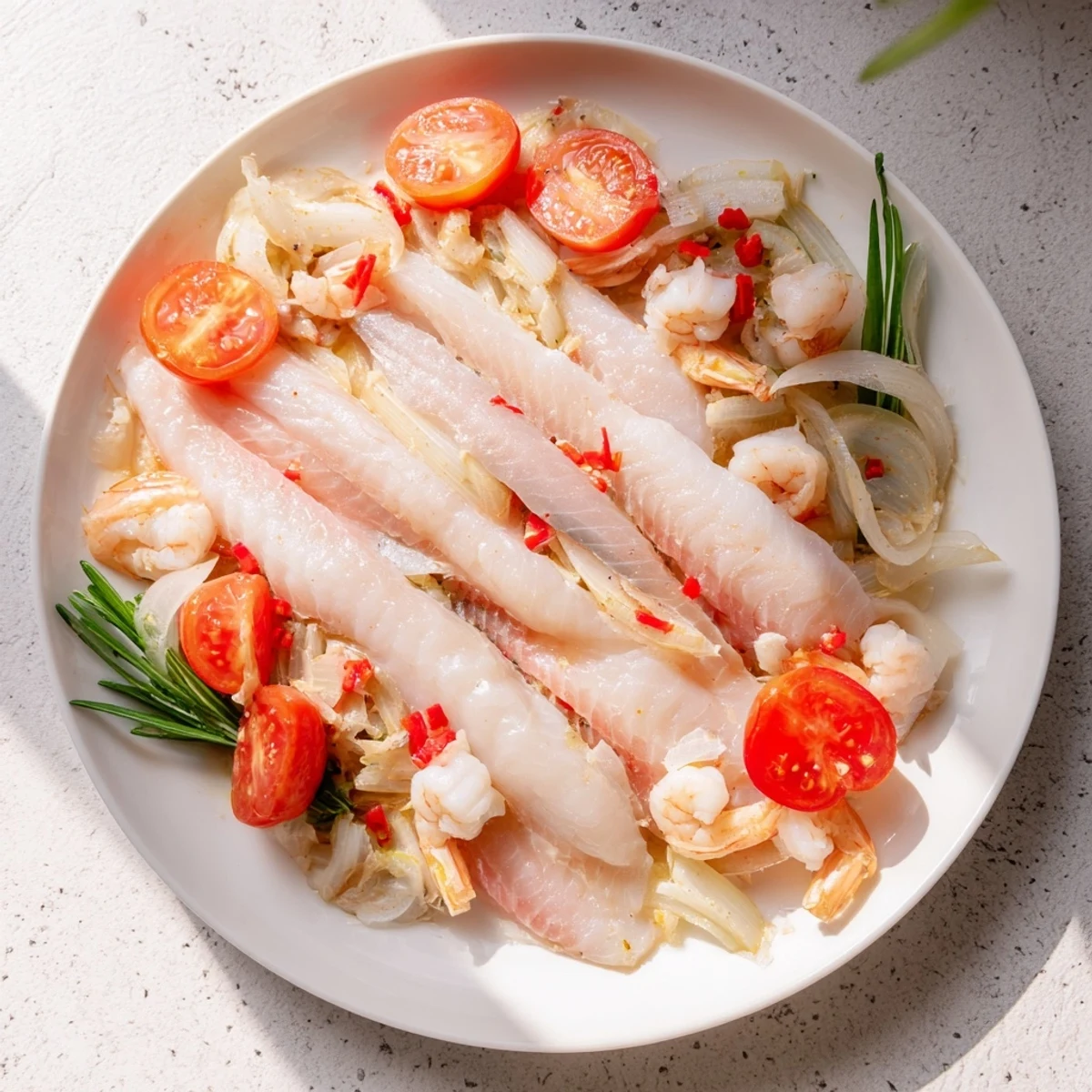 A close-up of steaming Plongeons dans l'Océan Poisson Bleu suggests a perfectly cooked blue fish with tender shrimp and fragrant herbs.