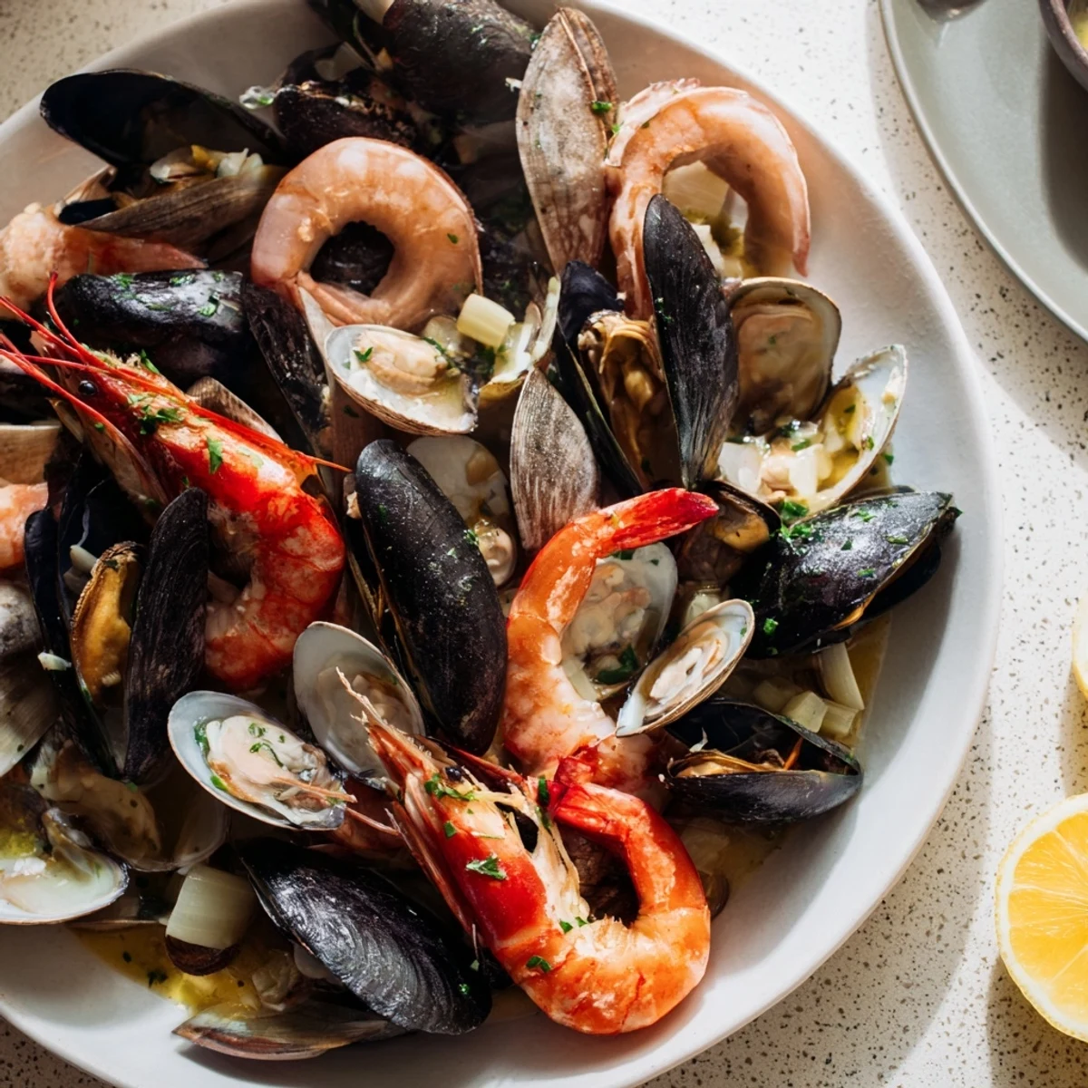 Steaming Shellfish & Seafood Medley overflowing with mussels, clams, shrimp, and herbs, ready to serve and enjoy.