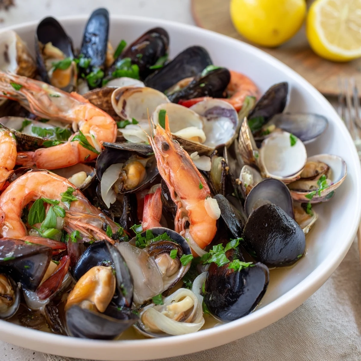 A vibrant close-up captures this fragrant Shellfish & Seafood Medley, steaming atop a savory broth with lemon wedges.
