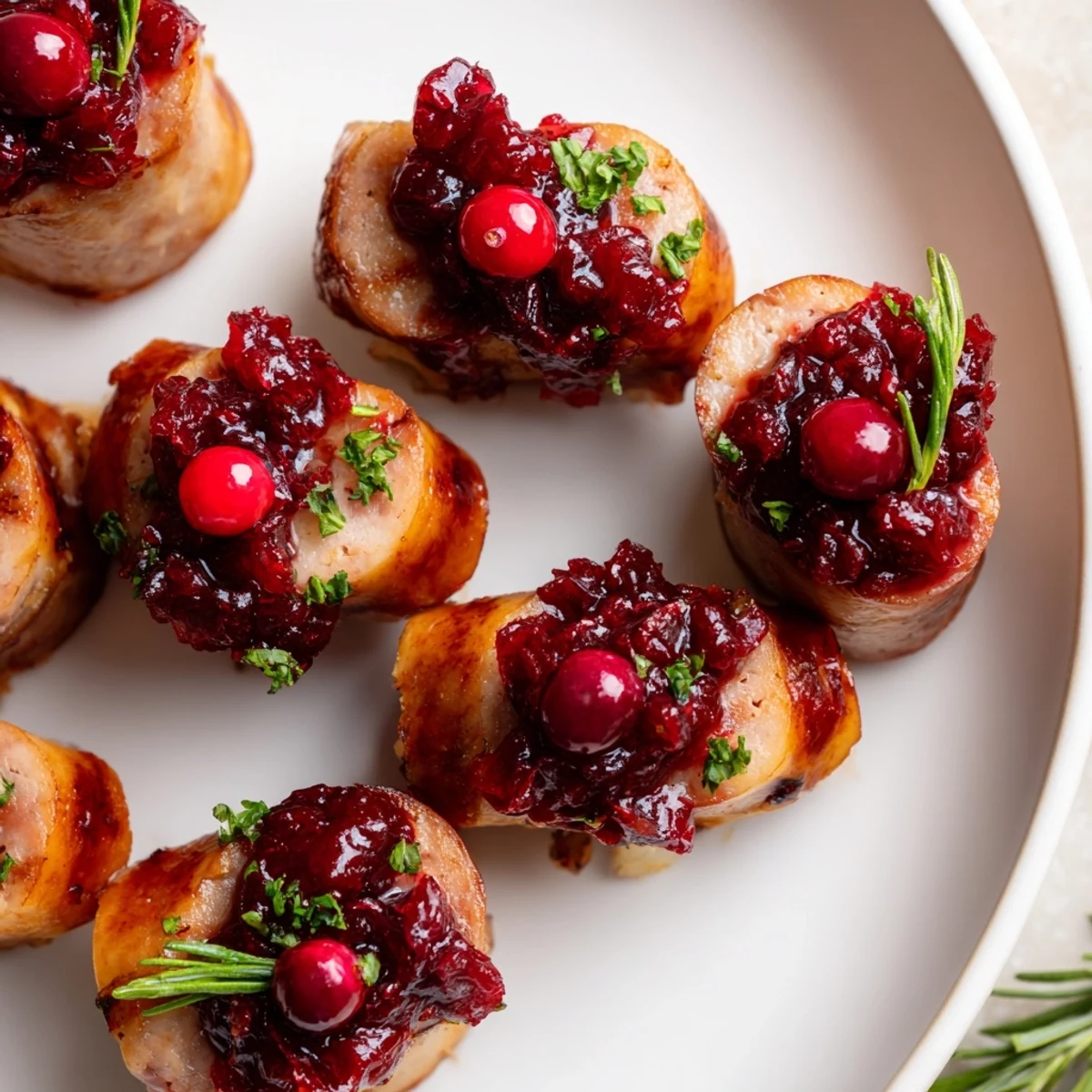 Golden brown Festive Holly Berry Sausage Bites topped with festive cranberry and fresh herb garnish, ready to serve.