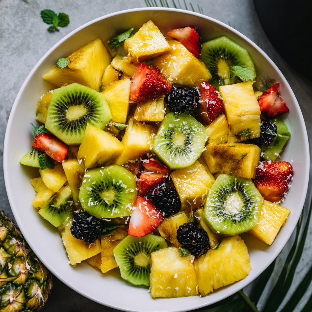 A vibrant tropical pineapple sun fruit platter, showcasing juicy pineapple and assorted colorful fresh fruits.