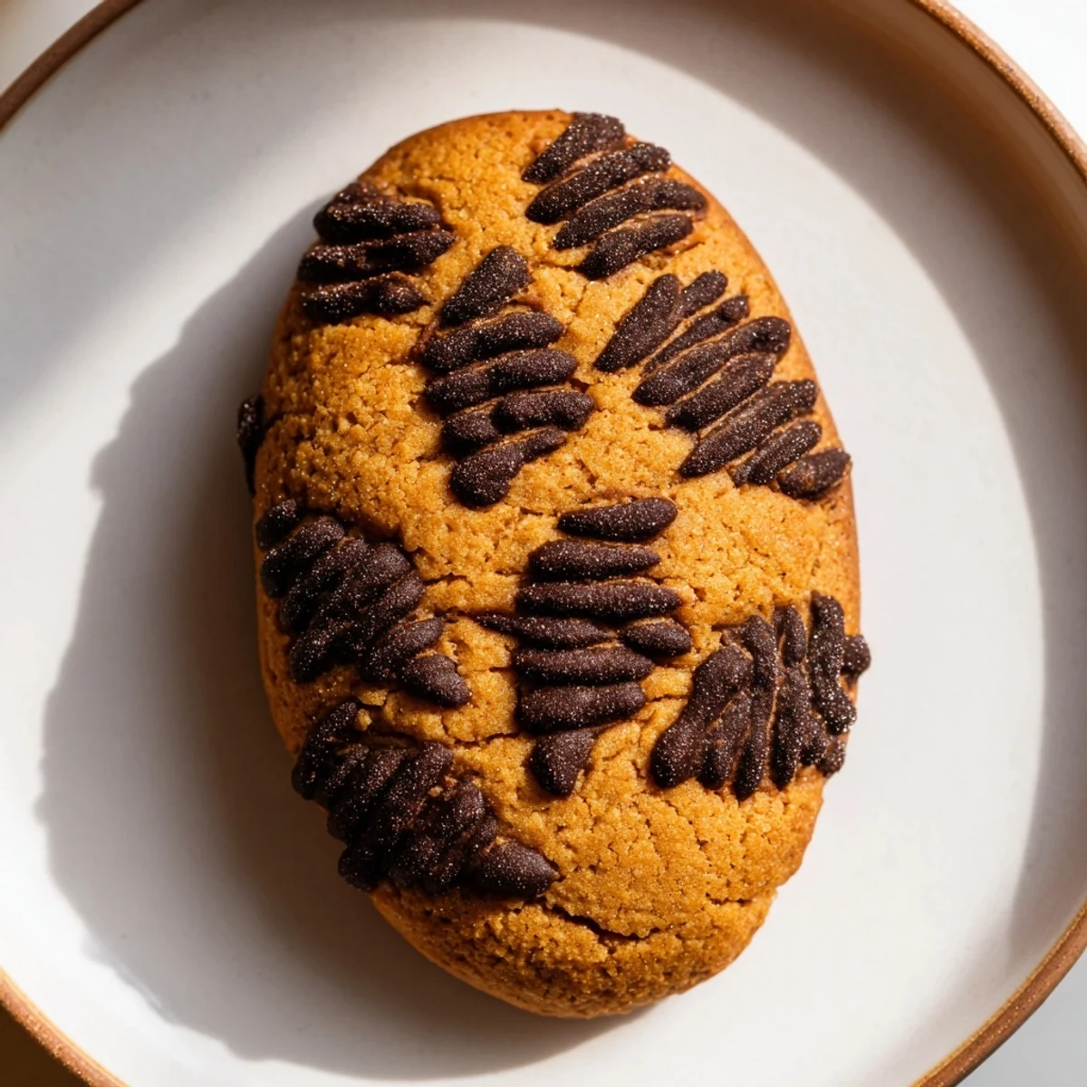 Close-up of adorable Pinecone Shaped Peanut Butter Cookies, ready to eat and enjoy with a mug.