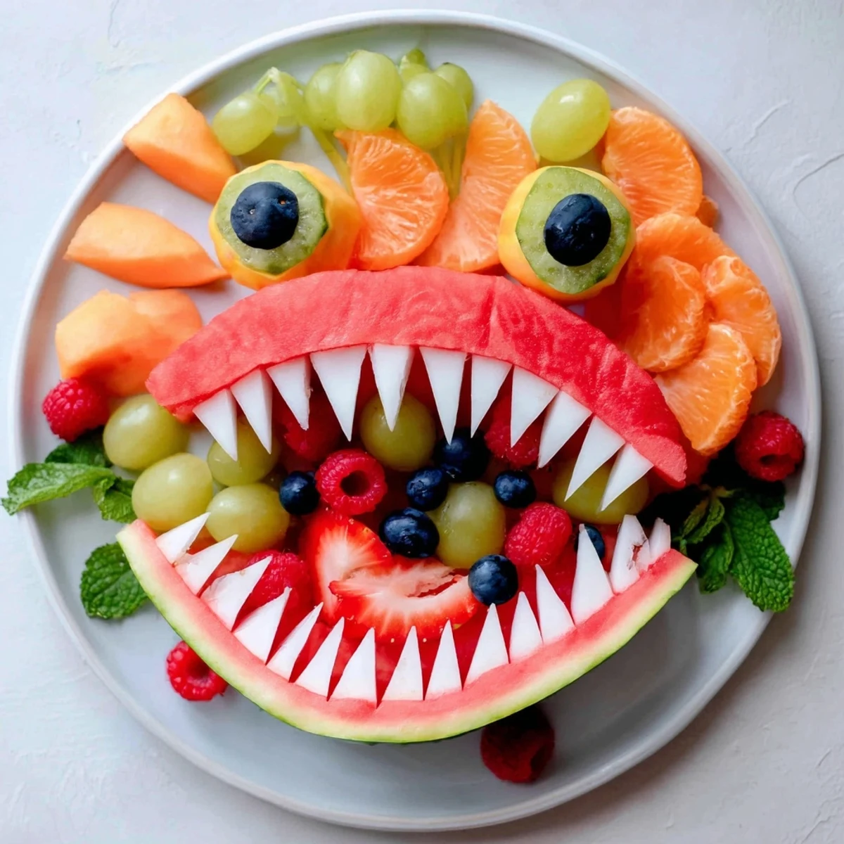 Vibrant Watermelon Shark Bite Board: A refreshing, fun party platter overflowing with colorful fruits.