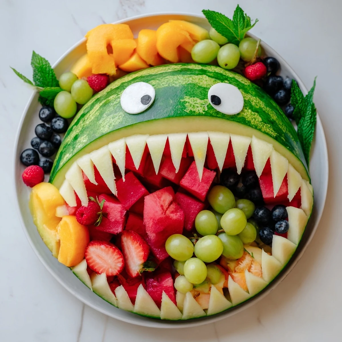 This Watermelon Shark Bite Board showcases a carved watermelon filled with assorted fresh fruit, ready to enjoy.