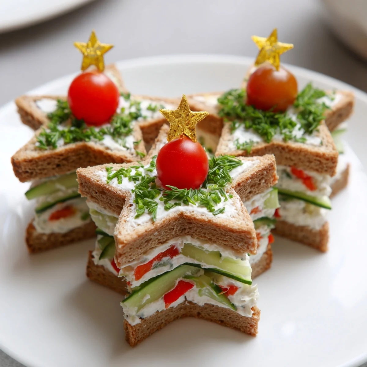Holiday appetizer featuring colorful Stacked Star Christmas Tree Sandwiches, perfect for a party, with fresh garnishes.