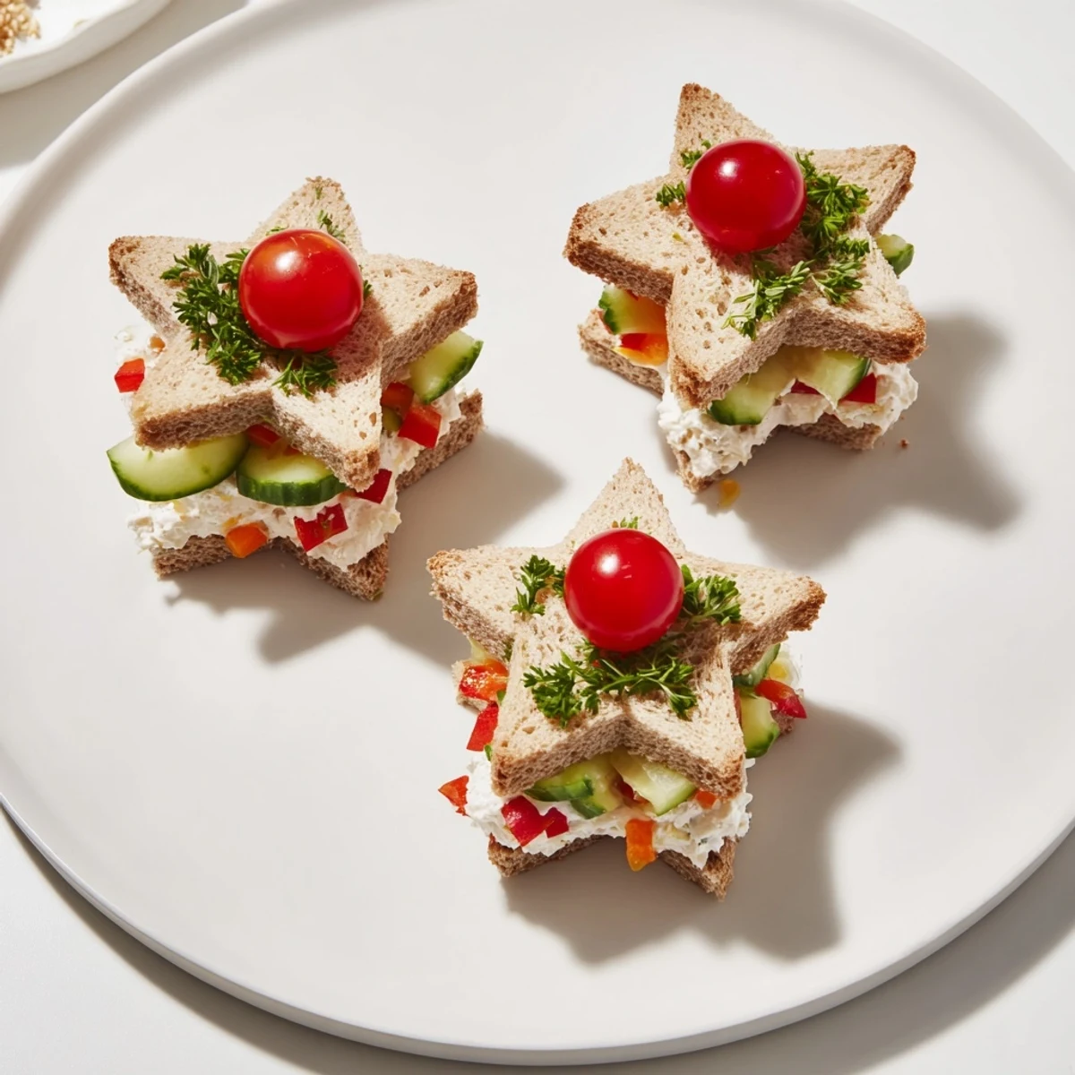 Stacked Star Christmas Tree Sandwiches: Festive, layered sandwiches with cream cheese, vegetables, and star-shaped bread.
