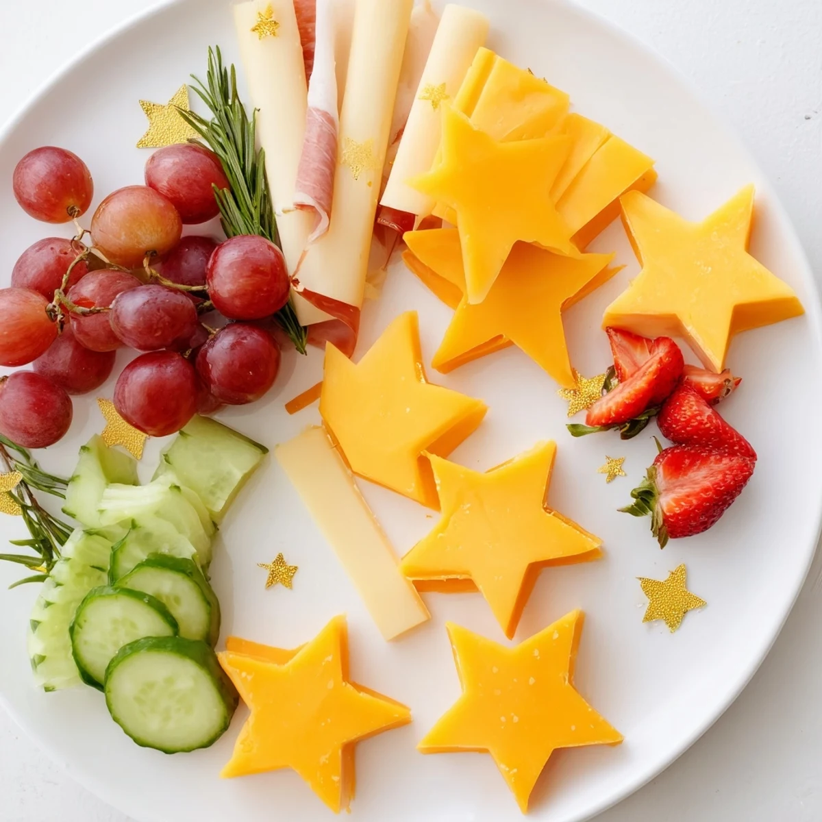 Close-up of a delicious Happy New Year 2026 Star Board, showcasing savory meats and colorful veggie stars.