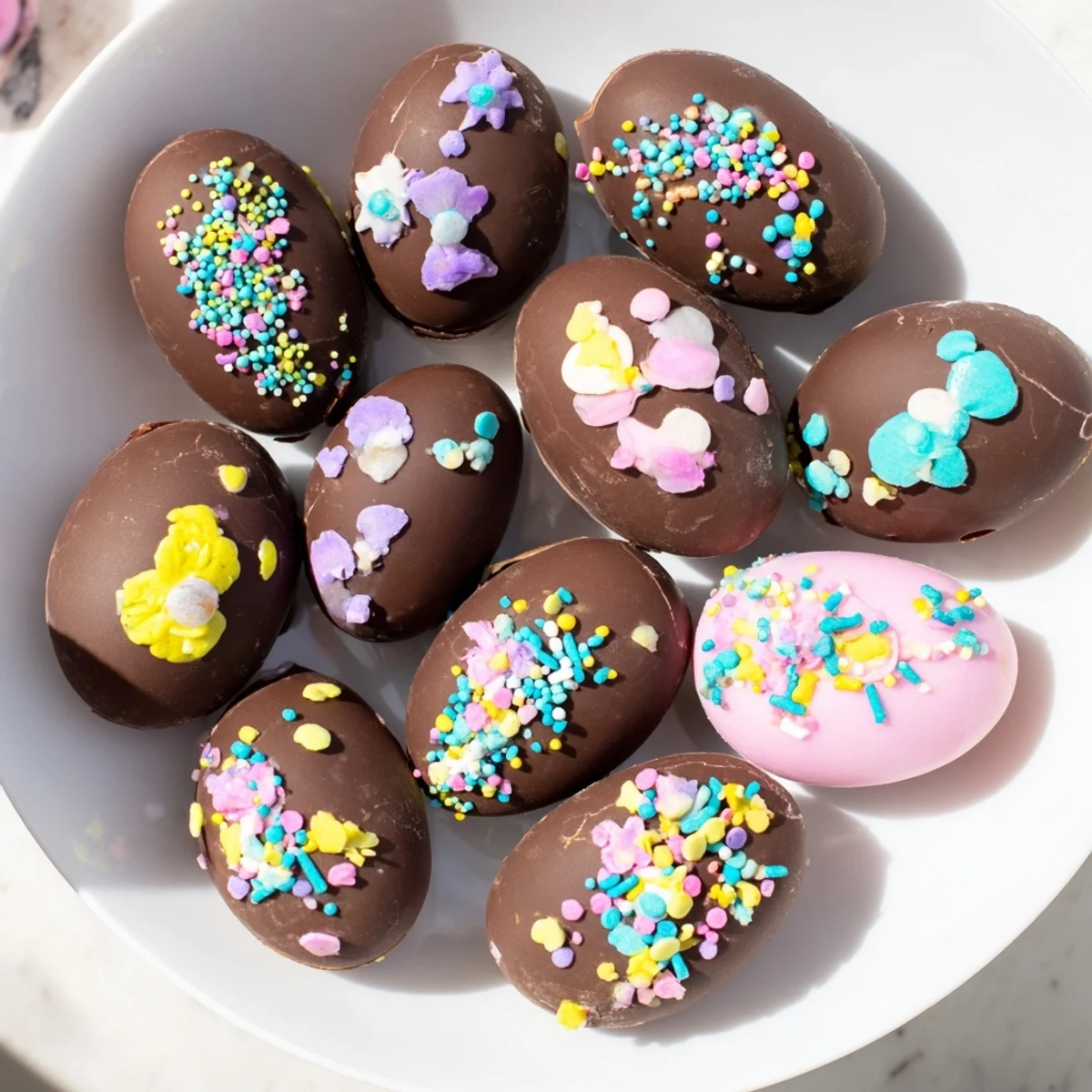 A close-up of a delightful Easter candy display: chocolate-covered egg candies awaiting enjoyment.