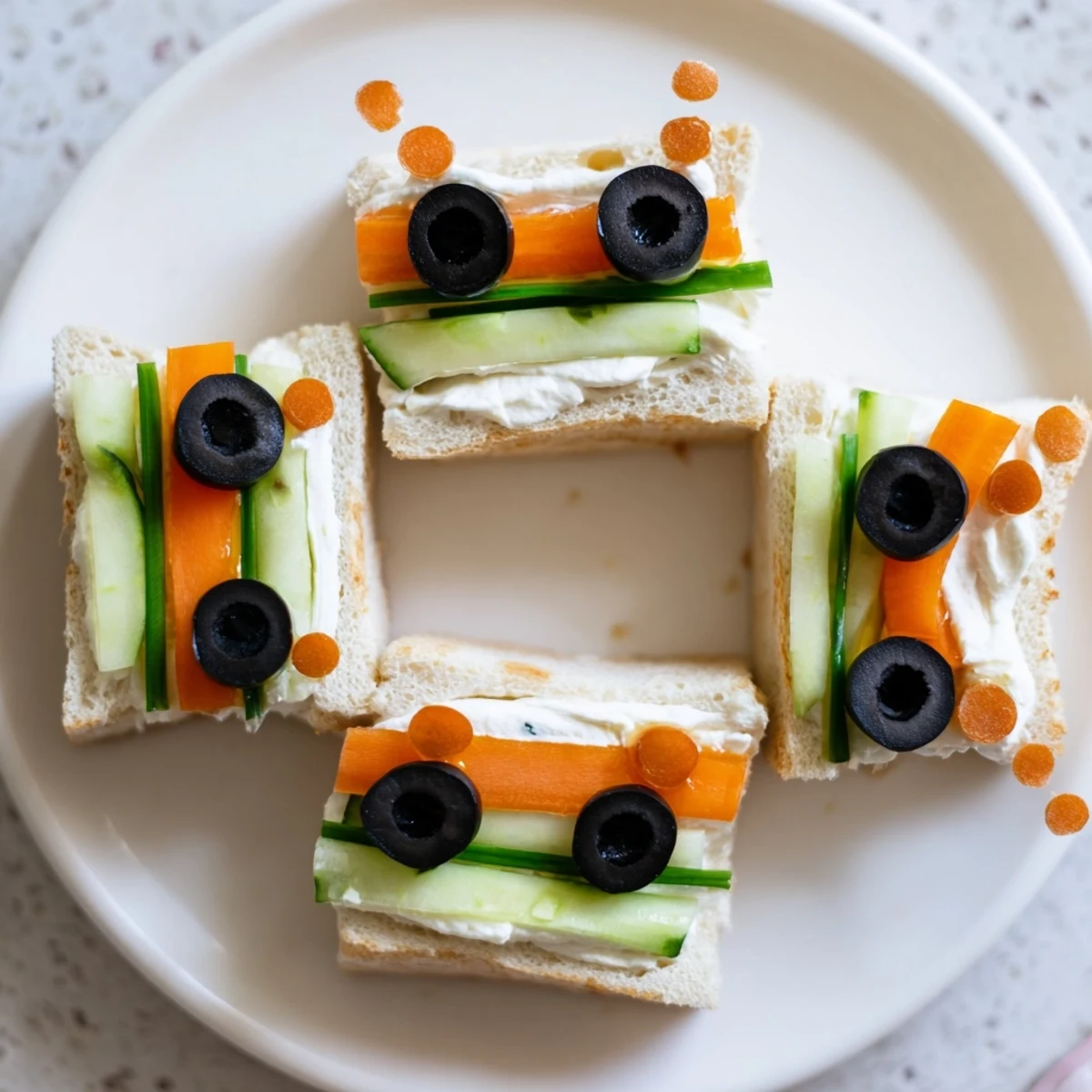Playful bee sandwich cutouts encircled with healthy snacks, a charming appetizer for your little ones.