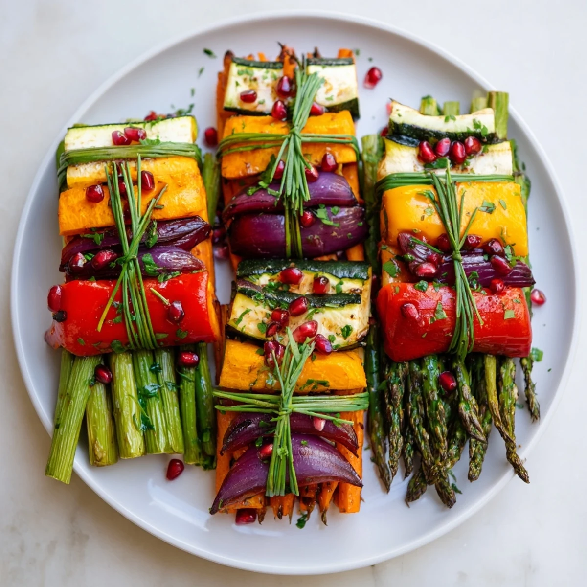 Tender, roasted vegetables shaped as Christmas present crates, garnished with herbs, ready to enjoy.