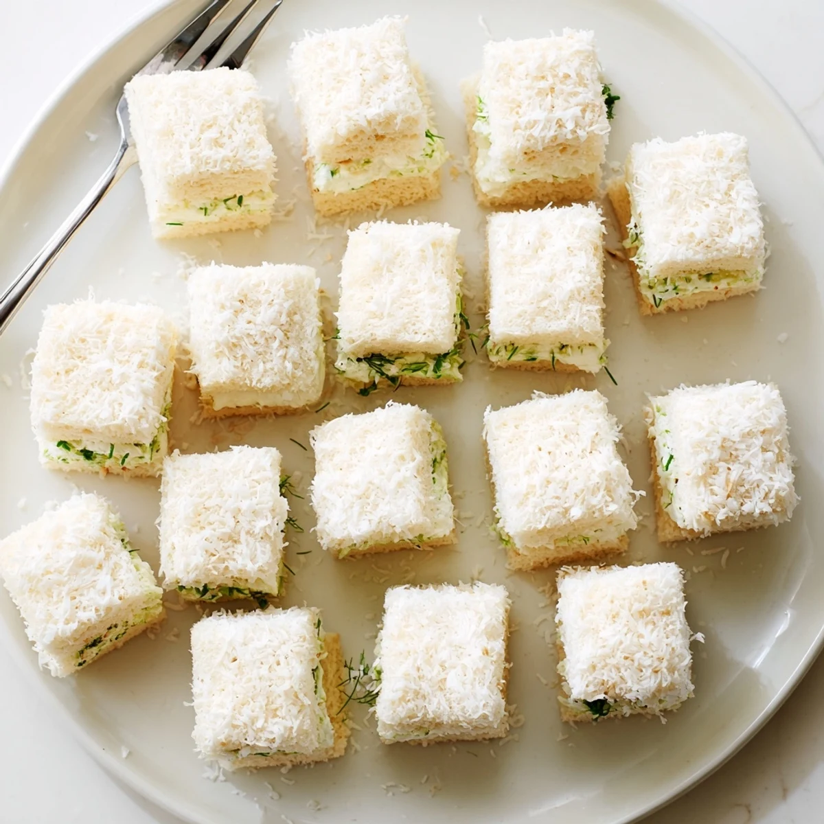 Snowball Tea Sandwich Bites, delicate and snow-covered, ready to be enjoyed with afternoon tea.