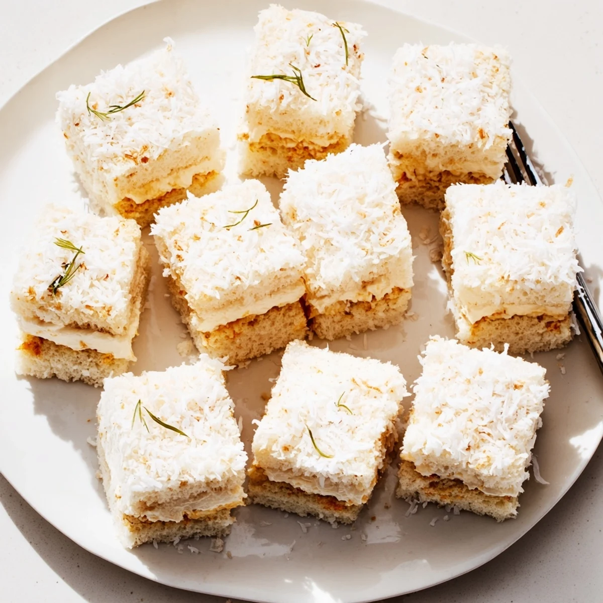 Round Snowball Tea Sandwich Bites, showcasing a lovely texture, sit ready for a holiday spread.