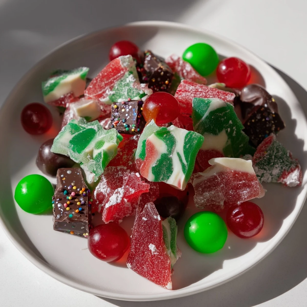 A vibrant Jingle Bell Rock Candy Display features colorful candies and chocolates perfect for the holidays.