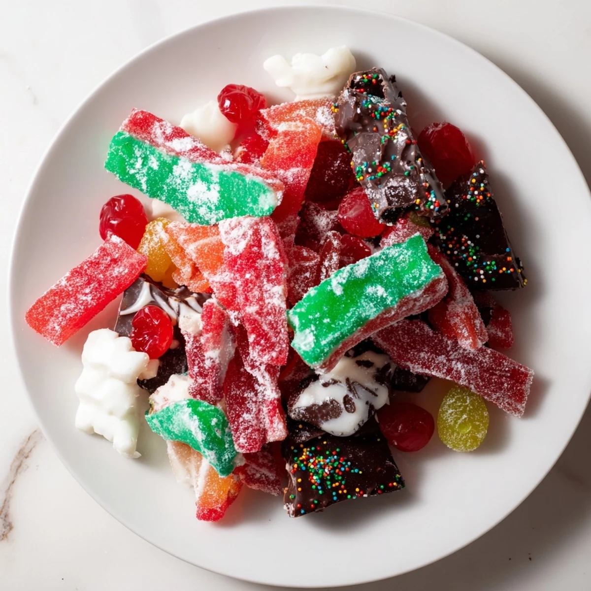 Sweet, shimmering Jingle Bell Rock Candy Display shows off holiday-themed chocolates and sparkling sugar delights.