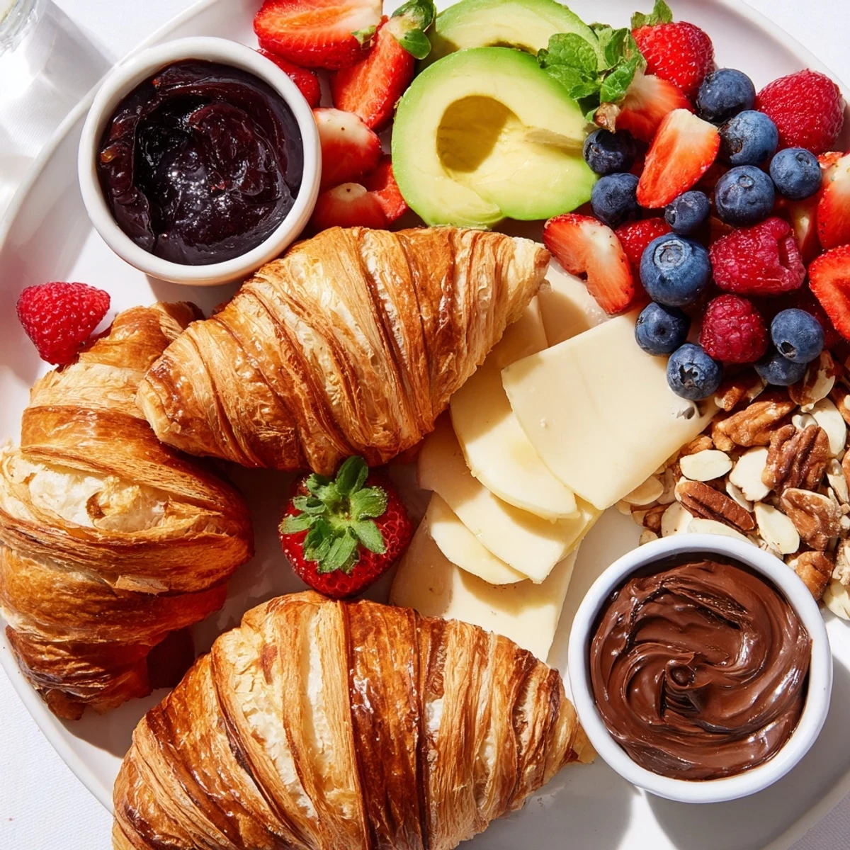 This cozy breakfast, a Cozy Fireplace Croissant Board, includes warm croissants, brie, and sweet jam.