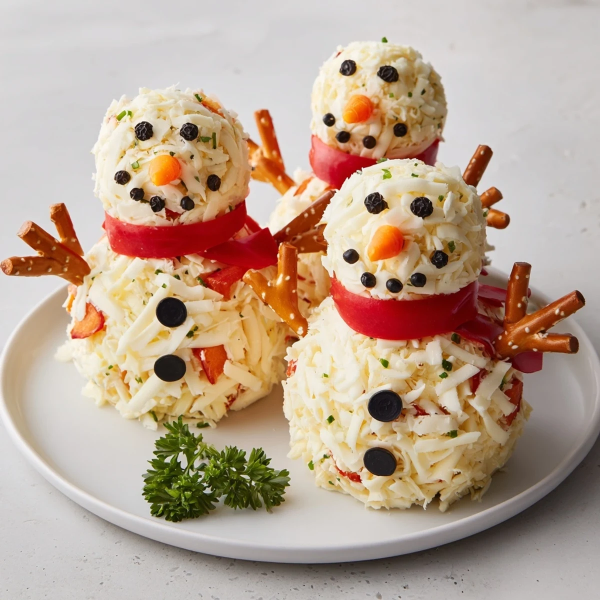 Festive Snowman Cheese Ball Trio, creamy and delicious, ready for spreading on crackers during the holidays.