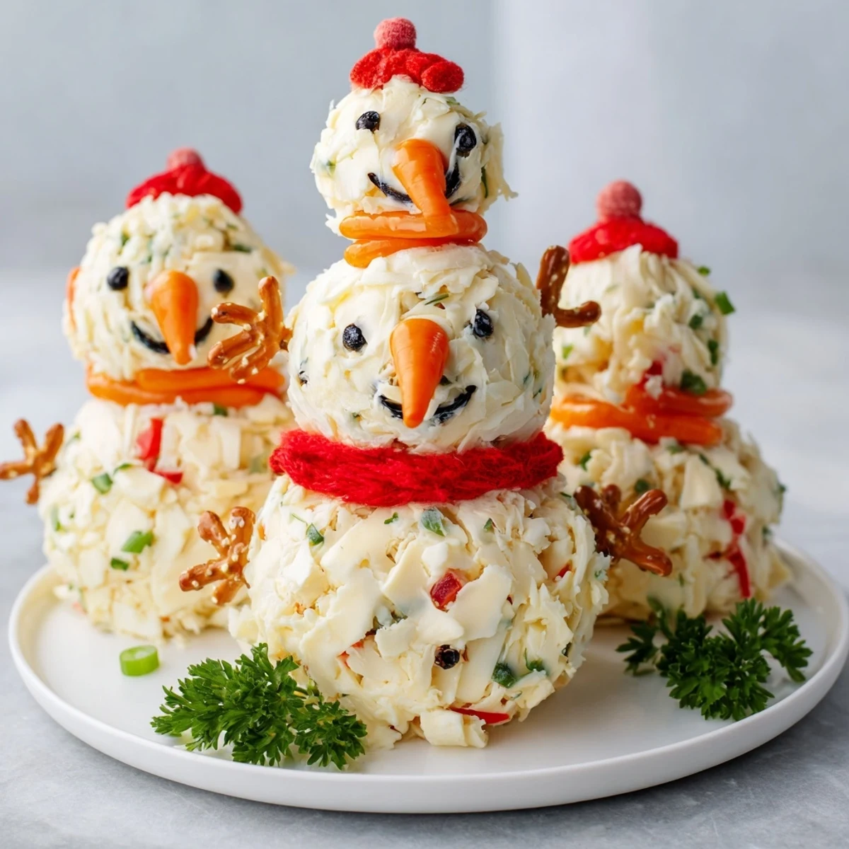 This whimsical Snowman Cheese Ball Trio appetizer features adorable snowmen shapes, perfect for a cheerful party spread.