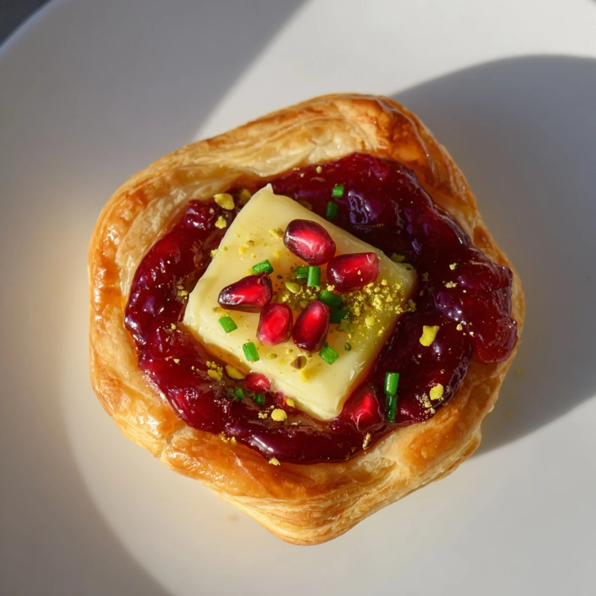 These baked Fireworks Brie Tartlets show bubbly cheese atop pastry, sprinkled with bright pomegranate seeds.