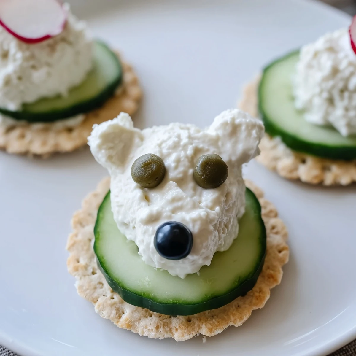 Creamy Polar Bear Iceberg Cracker Stacks featuring crisp cucumbers and olives create whimsical appetizer magic.