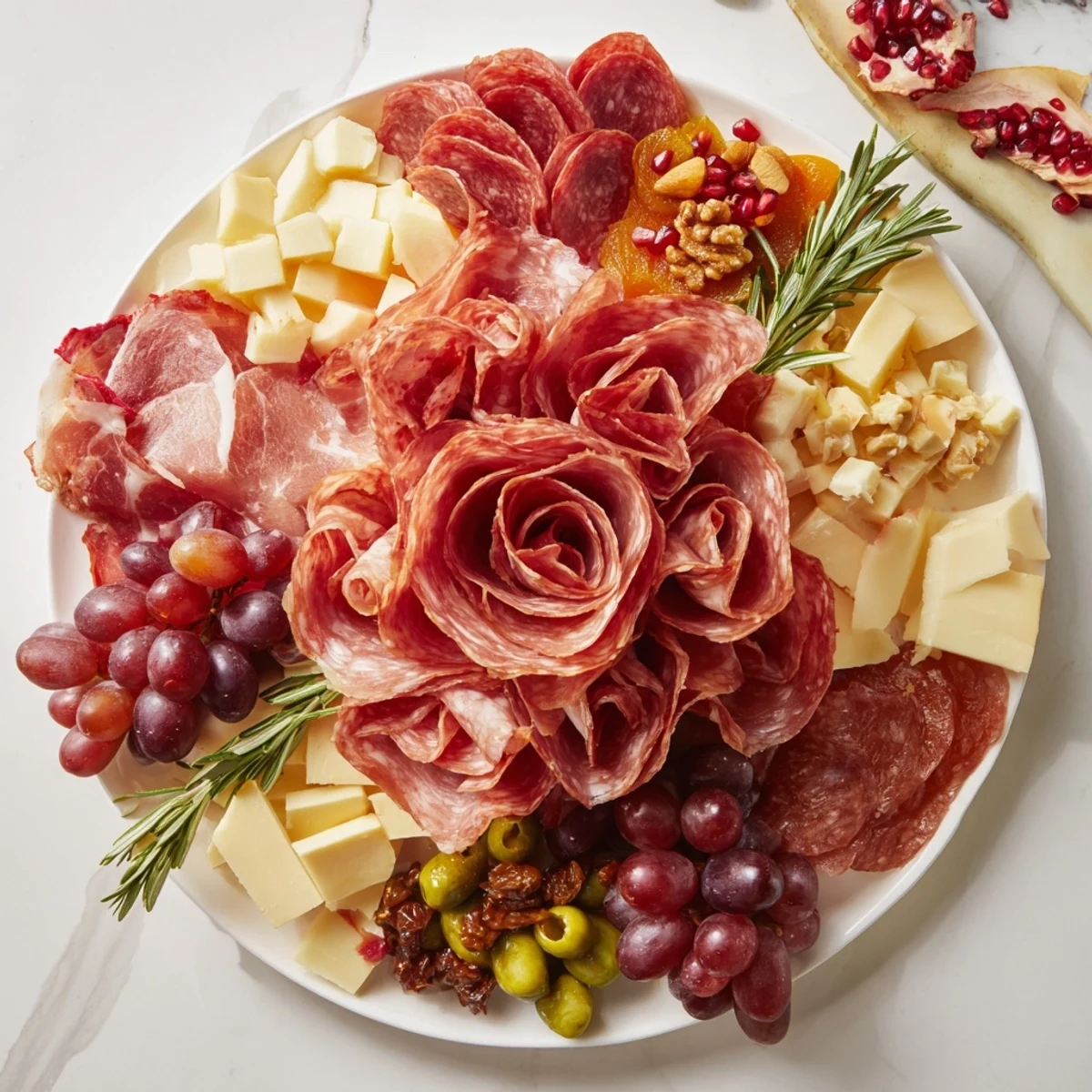 Stunning display of Charcuterie: a holiday meat rose bouquet with vibrant fruits for guests.