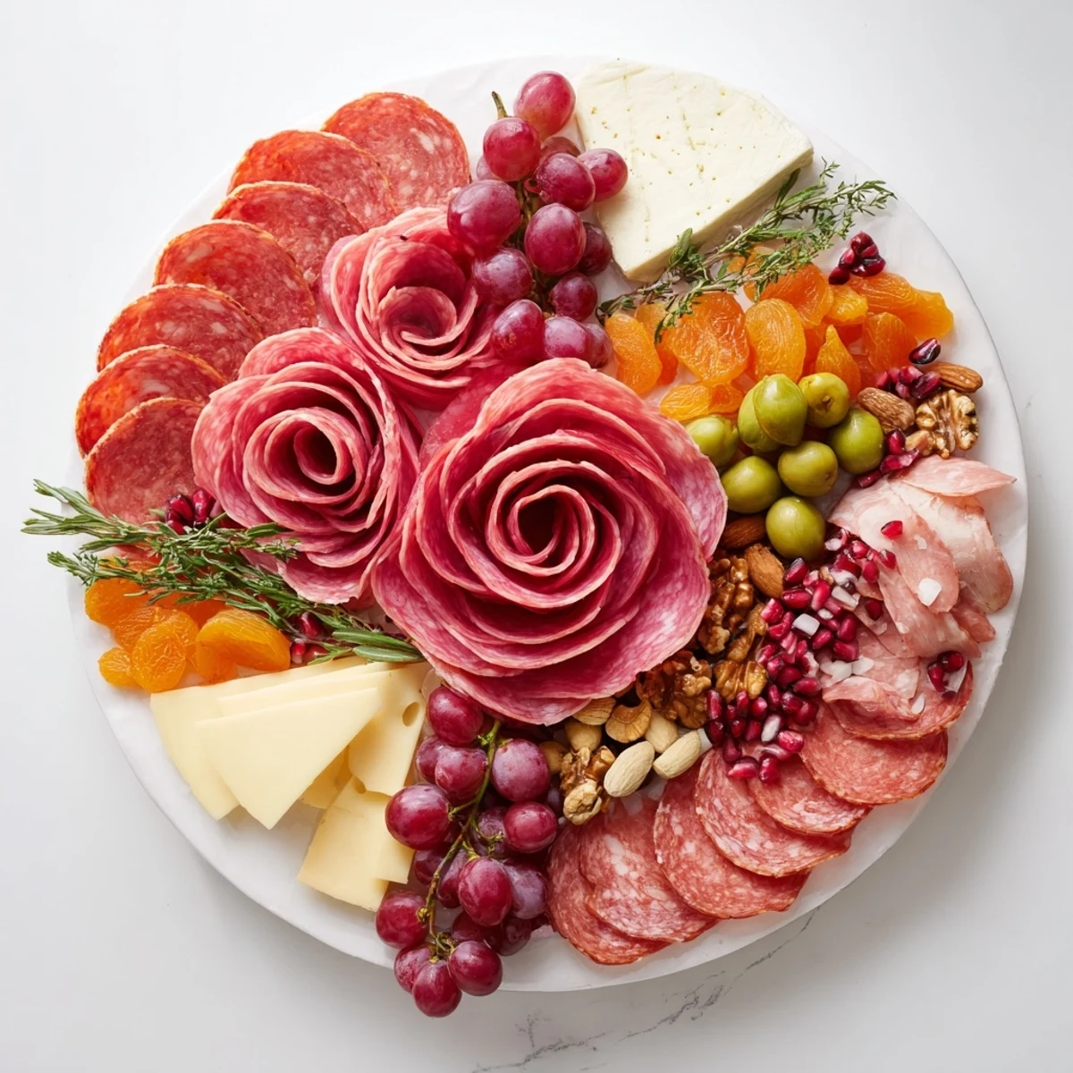 Festive holiday Charcuterie: A delicious meat rose bouquet on a platter with cheese and crackers.
