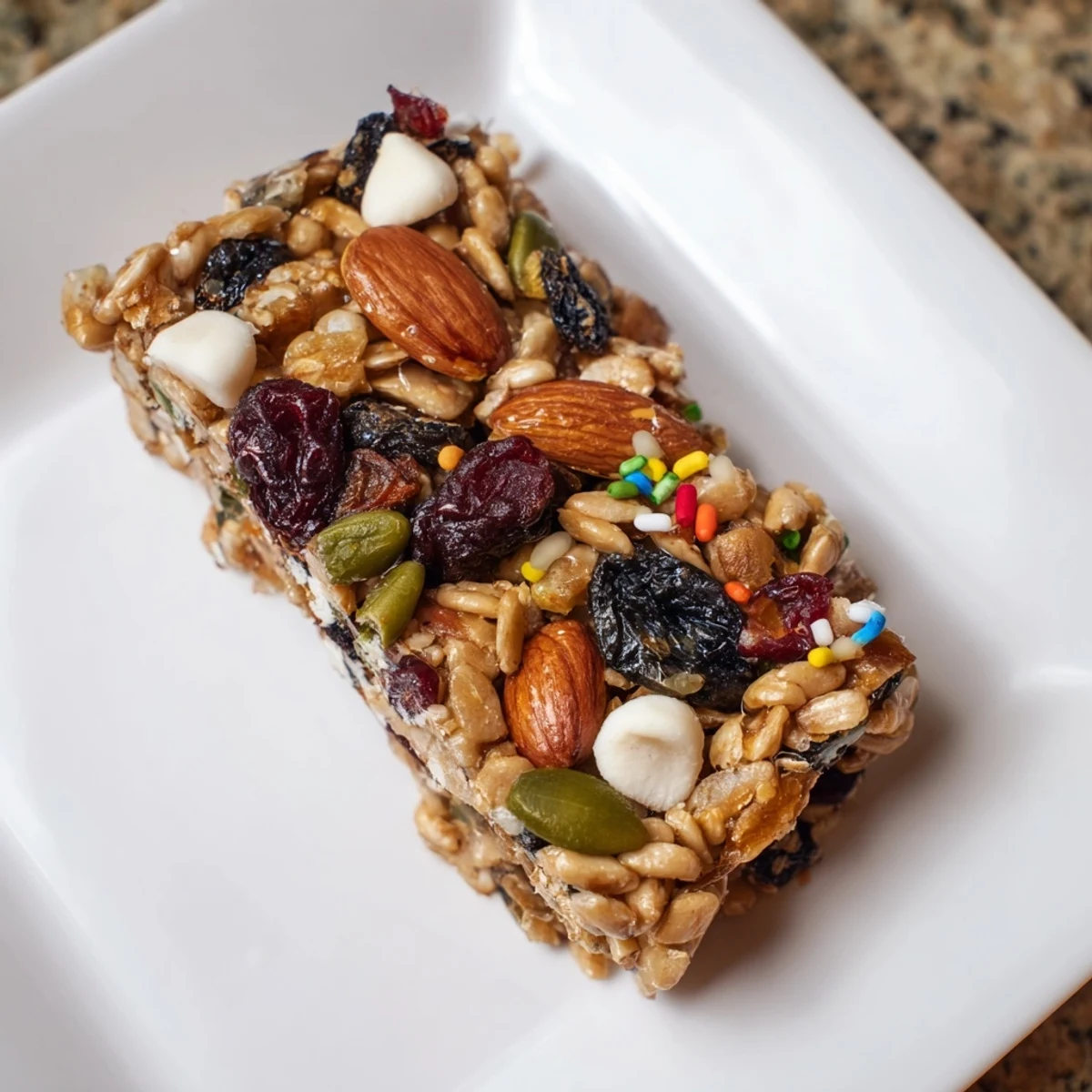 Golden Winter Wonderland Trail Mix Bars, featuring a mix of crunchy oats and sweet white chocolate chips.