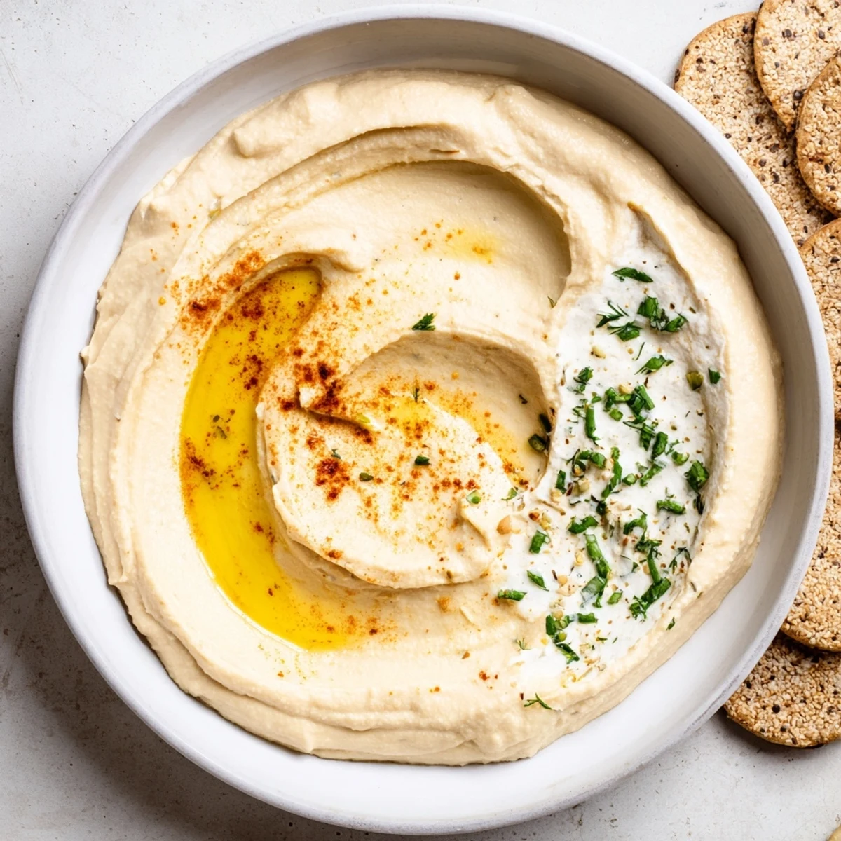 A beautiful platter of creamy Easy Dips, overflowing with hummus and yogurt, crackers between.