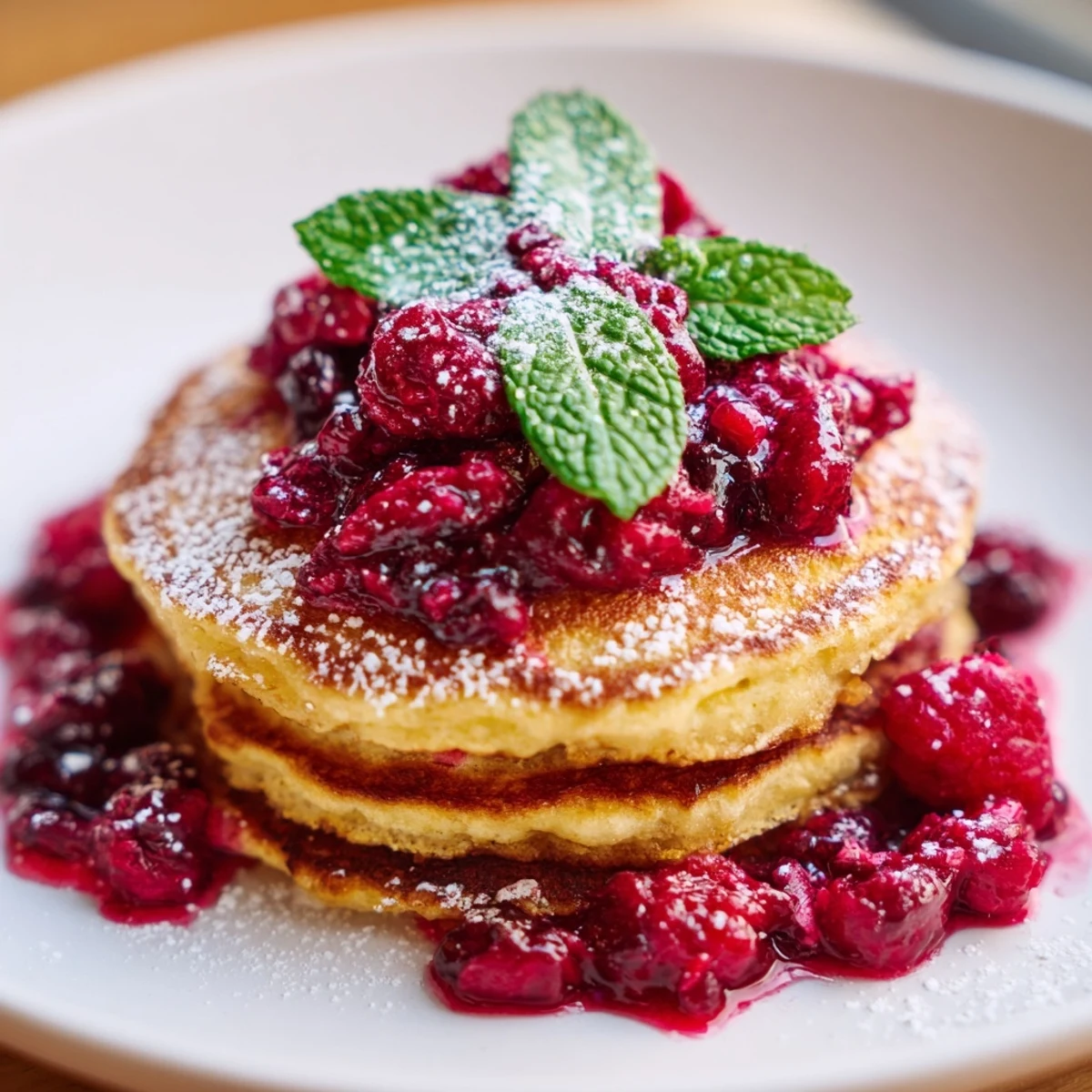Fluffy Brunch Board: Pancake Stack, with a vibrant berry holly topping and a drizzle of syrup.