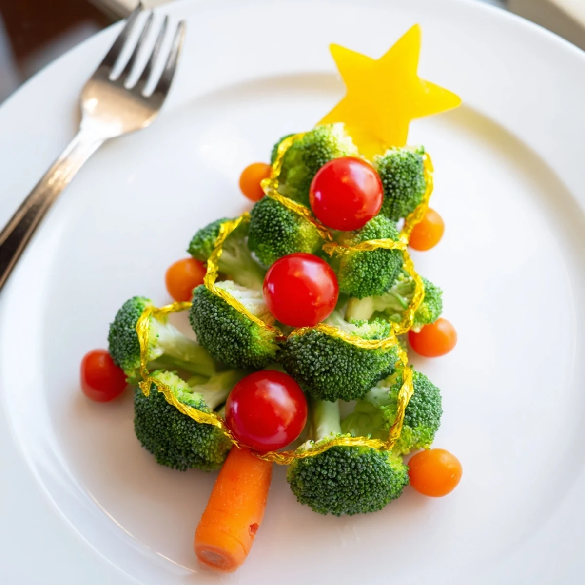 A festive Broccoli Tree with Cherry Tomato Ornaments, a colorful and healthy appetizer ready to serve.