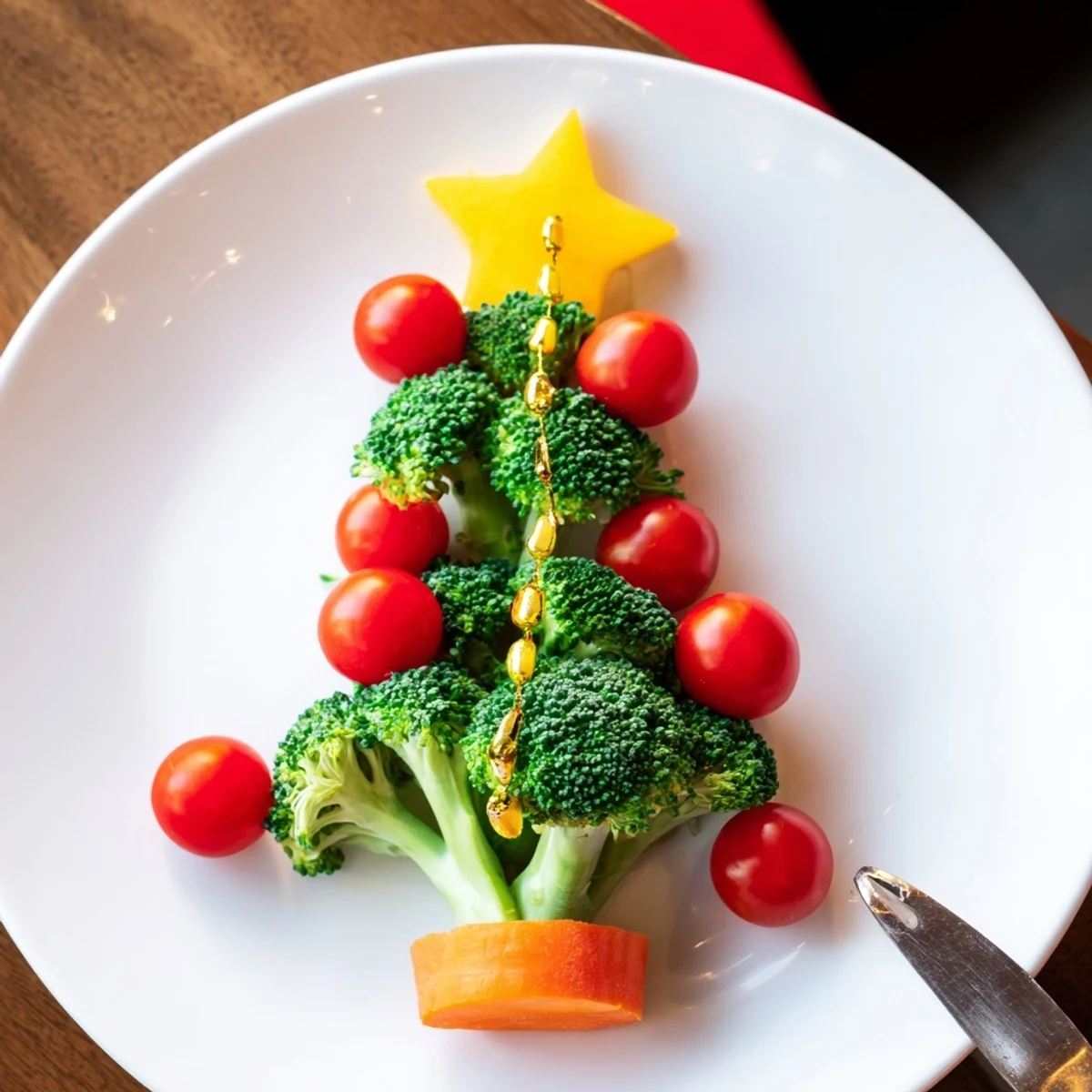 Freshly assembled Broccoli Tree with Cherry Tomato Ornaments displaying a healthy snack for kids or adults.