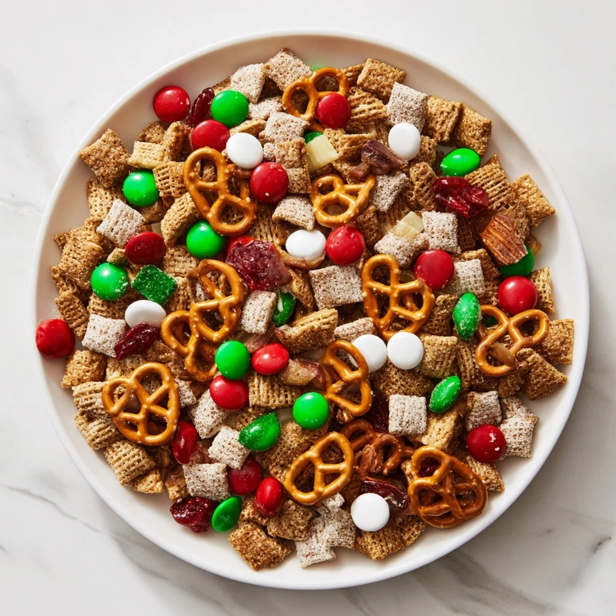 Holiday Mix in a festive red and green bowl, offering crunchy textures and sweet flavors.