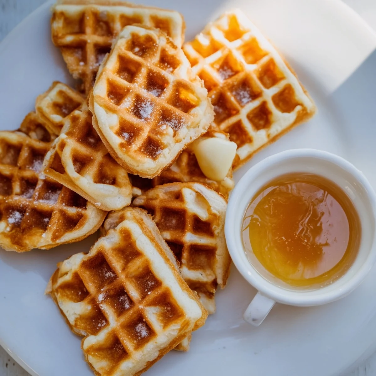 Golden-brown waffle quarters, perfect for dipping, accompanied by a maple syrup bowl.
