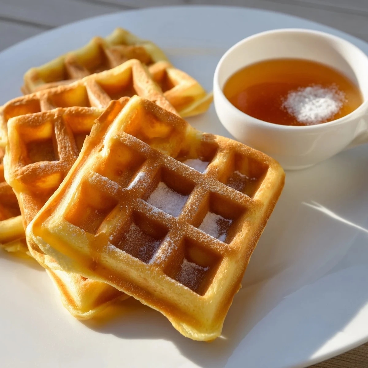 Warm waffle quarters presented with a rich maple syrup dip, ready for dipping and enjoying.