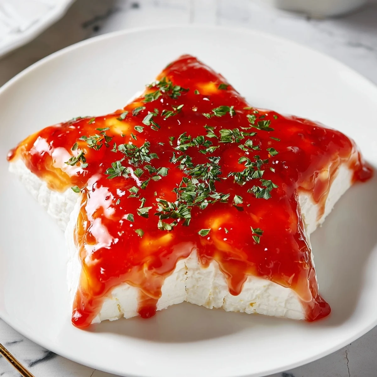 Cream Cheese and Pepper Jelly Star Appetizer glistens with vibrant red pepper jelly, ready to spread on crackers.