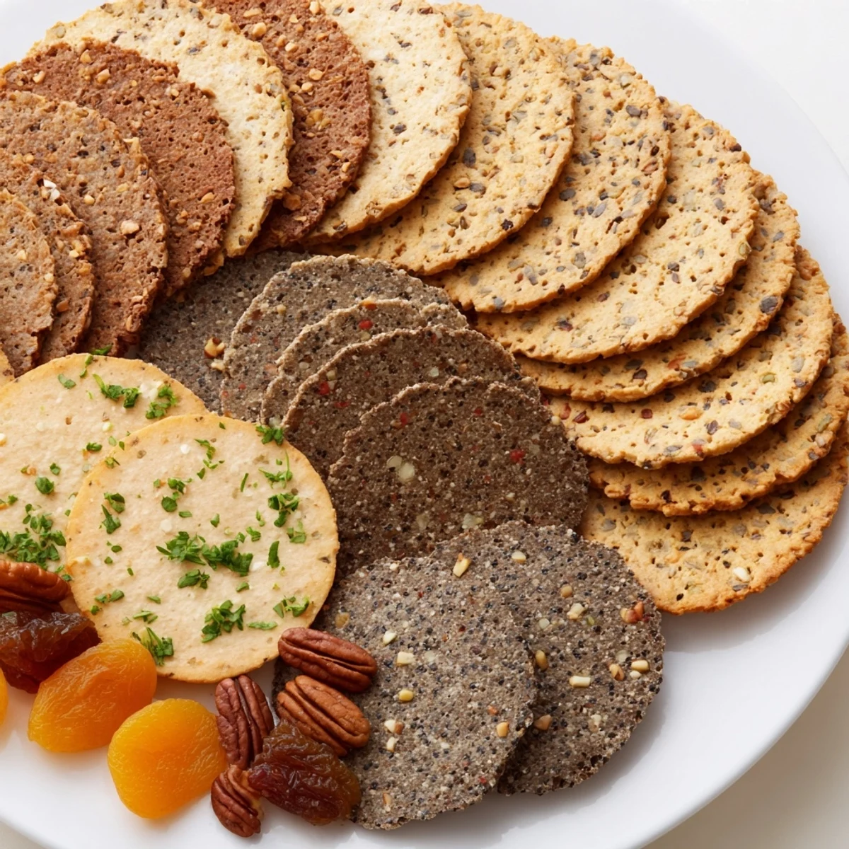 Crispy and flavorful Gourmet Crackers in an elegant fan-shaped arrangement, ideal for appetizers.