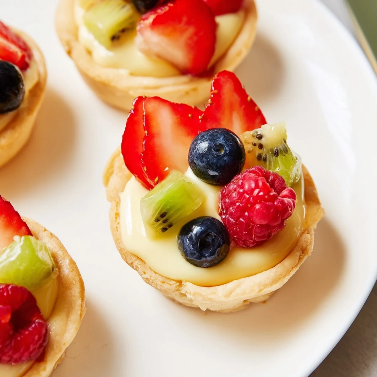 Freshly baked mini fruit tartlets, radiating golden crusts, house a silky pastry cream, crowned with colorful fruit.