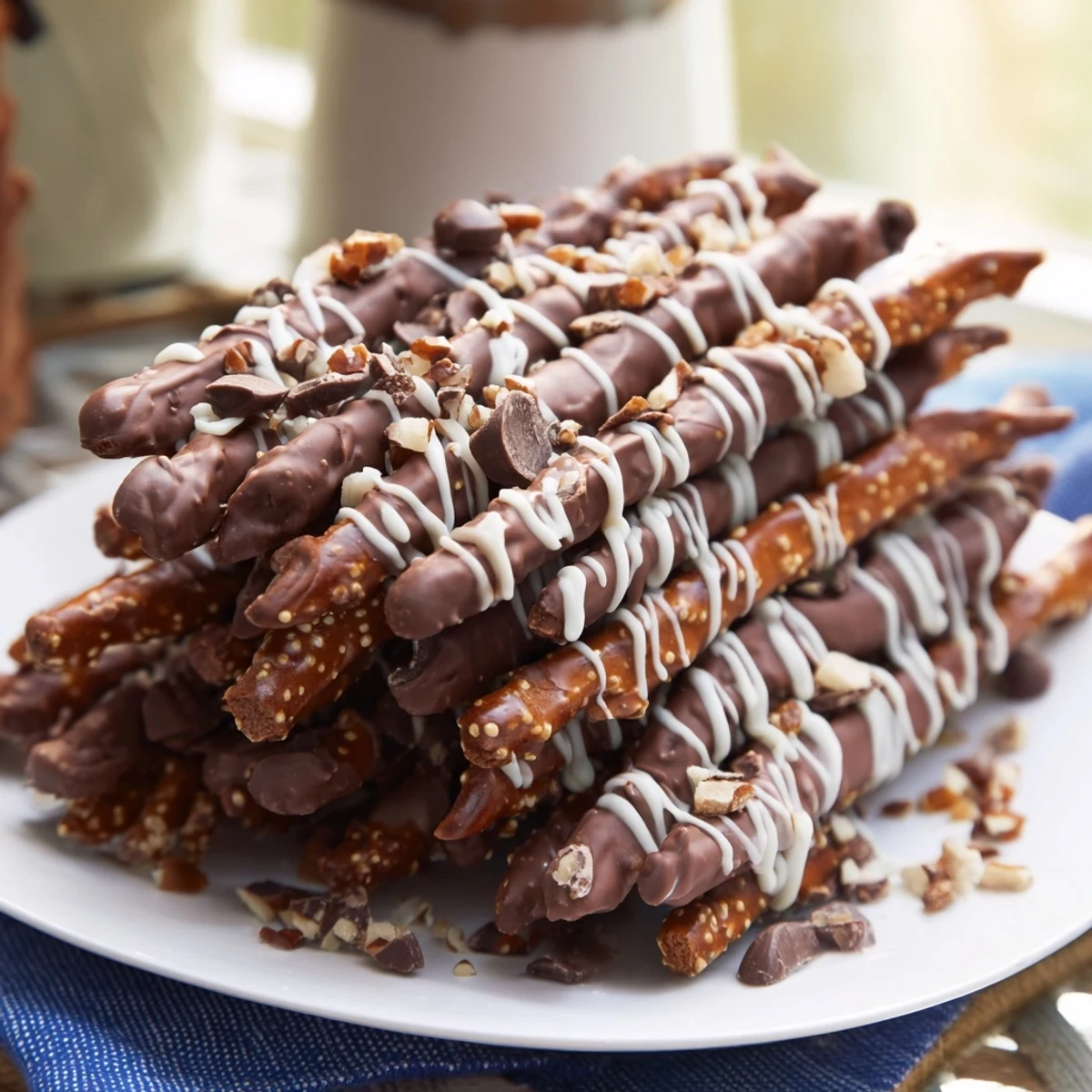 Crunchy salted pretzel sticks layered with rich dark chocolate, making tasty Chocolate Covered Pretzel Stick Stacks.