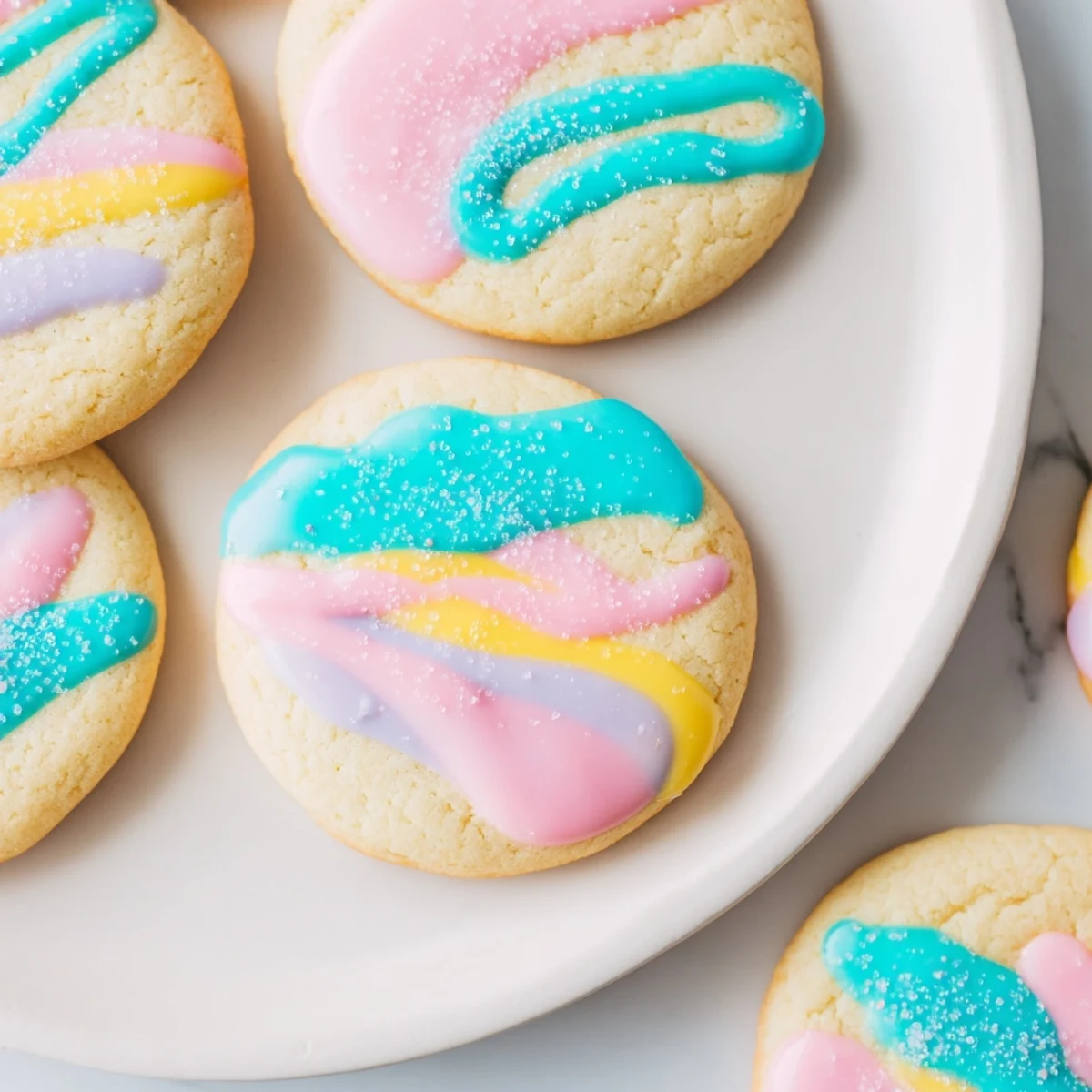 Golden-baked sugar cookies with vibrant icing drizzle, a perfect sweet treat for sharing.