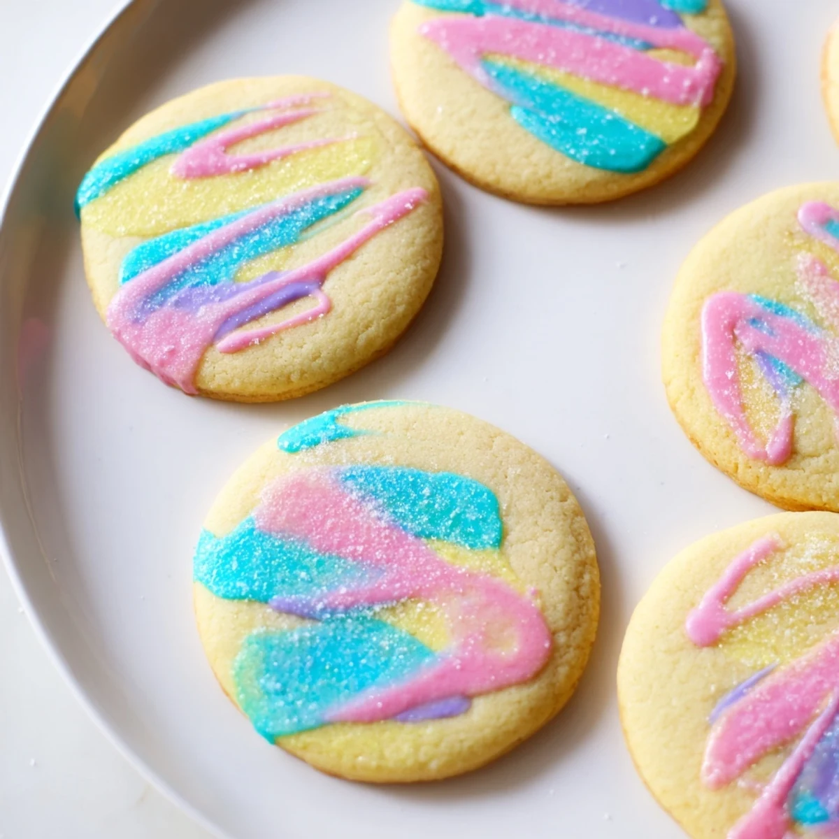 Close-up of a plate with fresh sugar cookies, featuring a beautiful icing drizzle design.