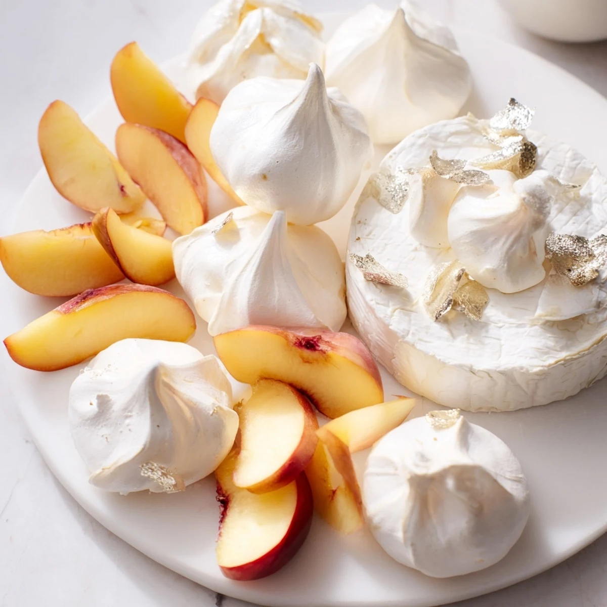 A beautiful Pearly Gates cheese board, showcasing white peaches, brie, and delicate silver leaf details ready to serve.