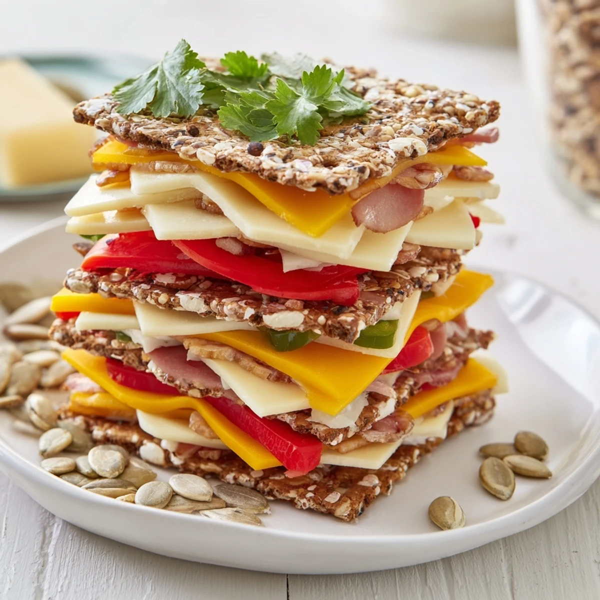 A visually stunning The Southwest Mesa appetizer: cheese towers with peppers and toasted pumpkin seeds, perfect for sharing.