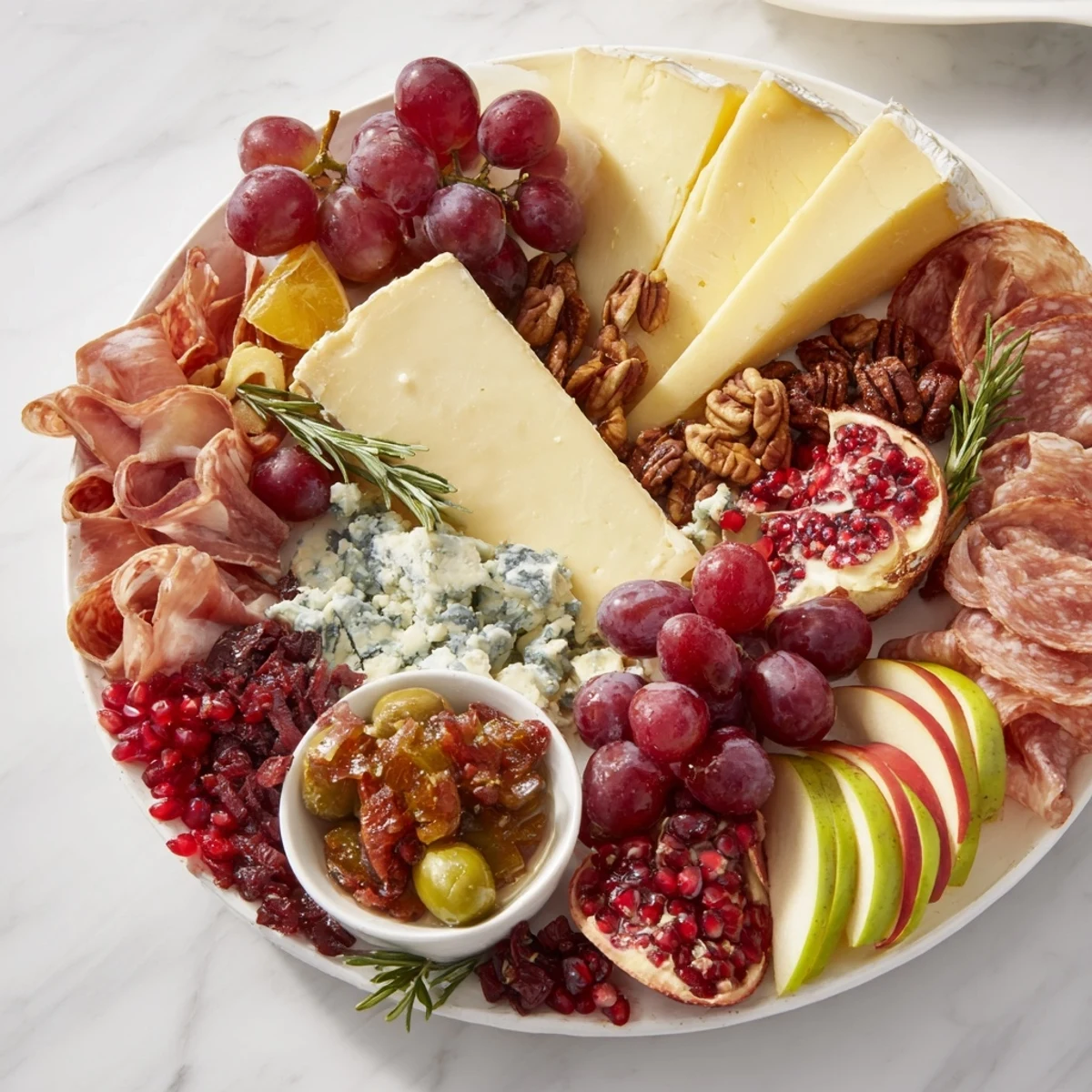 A colorful holiday Jingle Bell Cheese Board brimming with cheeses, meats, and sweet, salty elements.